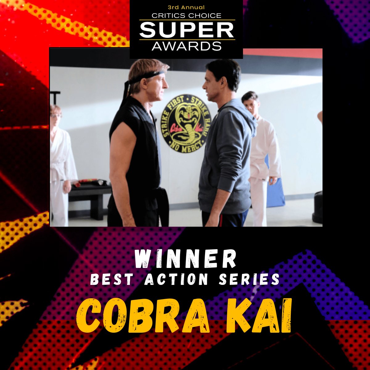 cobrakainews's tweet photo. É NOSSO!!! 🏆🏆🏆

Cobra Kai venceu o prêmio de Melhor Série de Ação, Série Limitada ou Filme Feito para TV no Critics Choice Super Awards 2023.

#CobraKai #CriticsChoiceSuperAwards https://t.co/BszvPDdPxE