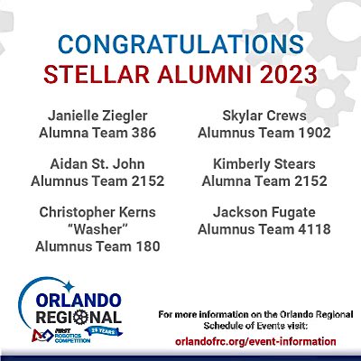 OrlandoFRC's tweet photo. Congratulations to our Stellar Alumni Epsilon Class! Thank you so much for everything that you do for FIRST! #OrlandoFRC #FIRSTinFlorida #FIRSTAlumni https://t.co/V8Rj1xRWxC