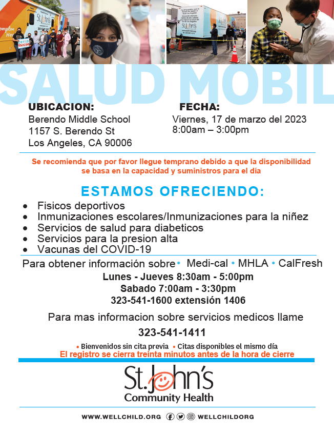 St. John's Community Health @Wellchildorg
 is at Berendo MS tomorrow, Fri. 3/17 from 8am-3pm providing primary care &amp; other services including immunizations/vaccines. Walk-ins &amp; same day appointments welcome. <a href="/LASchoolsWest/">LAUSD Region West</a> <a href="/KtownPU_CoS/">Koreatown Pico Union Community of Schools</a> <a href="/LASchools/">Los Angeles Unified</a> <a href="/LAUSD_HealthRS/">Health Emergency Response & Support</a> <a href="/LausdNursing/">LAUSD Nursing</a>