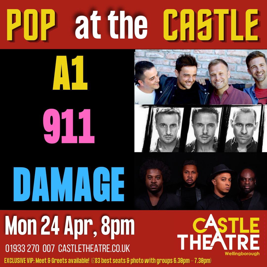 castle_WEL's tweet photo. It's time to bring back the nostalgia and excitement of 90's pop culture as three of the most successful boy bands of the era, A1, 911 and Damage take to the stage for 'Pop at the Castle' on Mon 24 Apr, 8pm.🎤

💷Book your tickets now: https://t.co/bMHvDwbazo https://t.co/NZsWLIkA2j