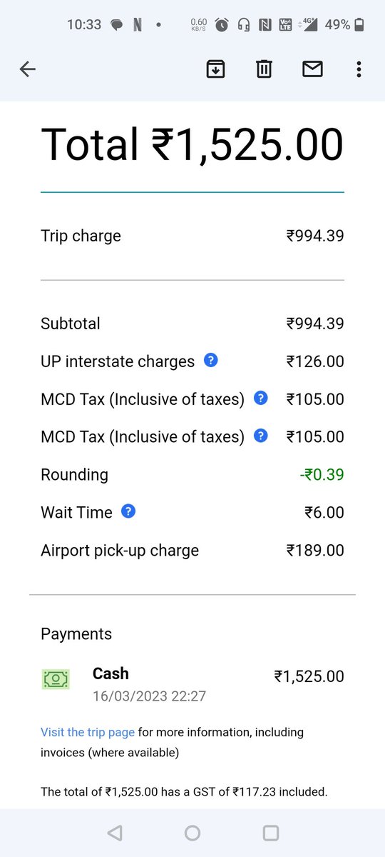 subhendujee's tweet photo. Wife charged Rs 1525 by Uber (Wagon R without AC) on Thurs evening from IGI T3 to C R Park, 21 km, covered in 30 mins. Most bizarre is UP interstate charge (plying in Delhi) besides MCD tax charged twice besides an airport pick-up charge. Brazen robbery @Uber_India @DelhiPolice https://t.co/wAIE5RpD0B