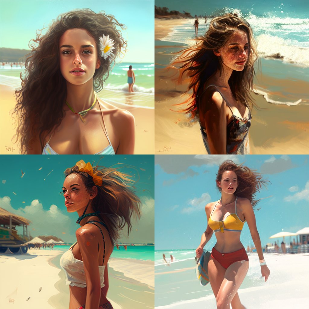 kicoes's tweet photo. midjurney desde la versión 1 hasta la  v3 v4 y v5 con el mismo prompt: chica en la playa https://t.co/Sd5qnc9pS6