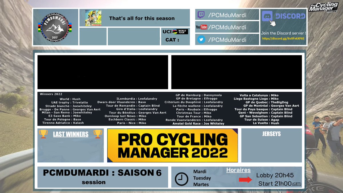 PCMduMardi's tweet photo. 💥Nous terminons cette saison 6 avec une victoire de @hushi83700 sur la Vuelta 🔥
Mais c'est bien @DanielMiko12 qui a été le plus régulier au cours de la saison et est sacré vainqueur 👏🎉

Place maintenant à la world cup 🌈
Merci à tous les participants et à l'année prochaine ! https://t.co/TrxWqTZxlb