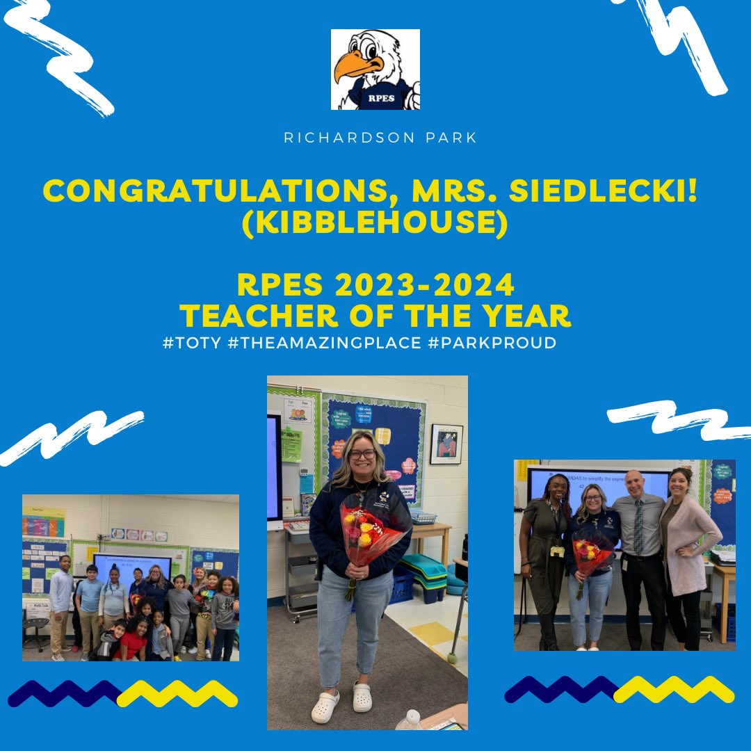 Congratulations to Mrs. Siedleck (Kibblehouse), the Richardson Park Teacher of the Year for 2023-2024! 
You make us Park Proud! <a href="/misskibblehouse/">Erika Kibblehouse</a> 

<a href="/RedClaySchools/">Red Clay Consolidated School District</a> #TheAmazingPlace 
@JasonMartin1976 @DrDanyaTWoods <a href="/McGinley_ParkAP/">Erin McGinley</a>
