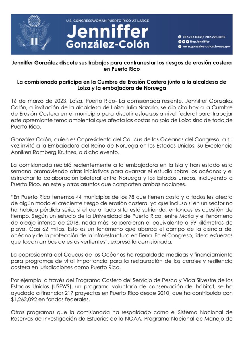 Jenniffer's tweet photo. Como copresidenta del Caucus de los Océanos de la Cámara respaldo medidas y financiamiento para programas de vital importancia para la restauración de los corales y resiliencia costera en jurisdicciones como Puerto Rico. En el comunicado, les detallo parte de estos esfuerzos 👇 https://t.co/S6vORSkt4y