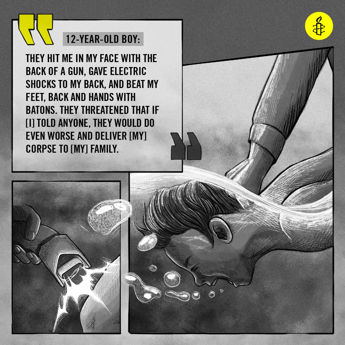 Iran's security forces have used horrific torture methods against child protesters including:

-Beatings &amp; floggings
-Electric shocks
-Holding children’s heads under water
-Choking
-Hanging from arms and neck
-Death threats
-Rape and other sexual violence

amnesty.org/en/latest/news…