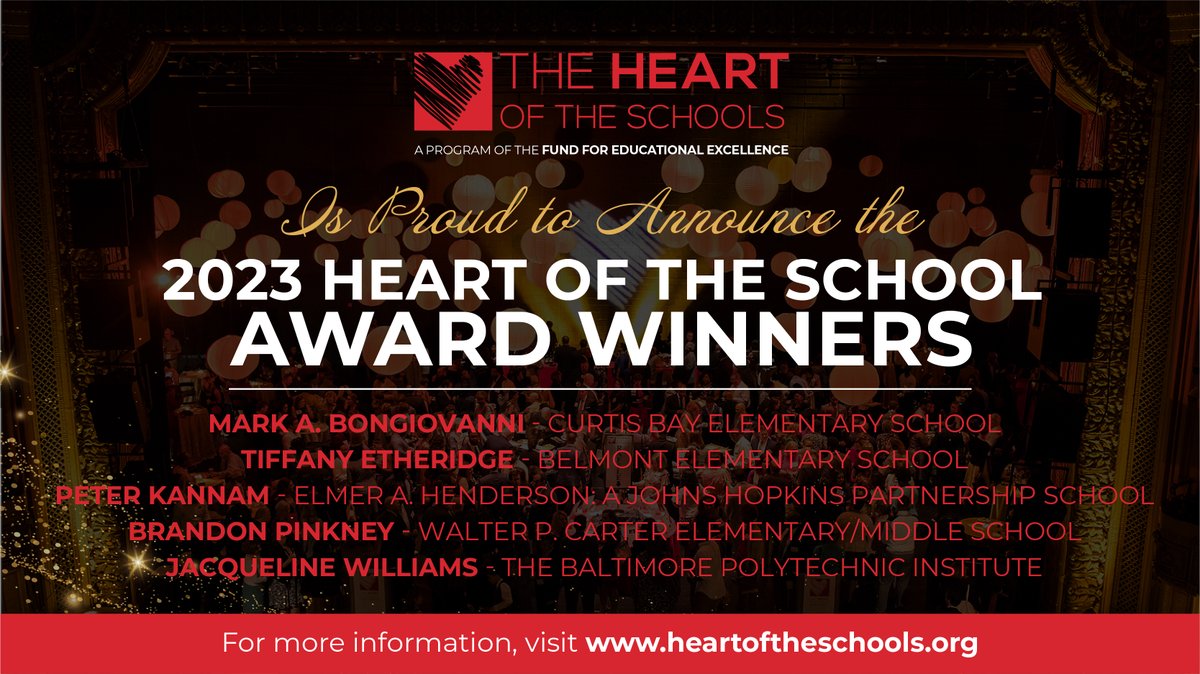 We're excited to announce the 2023 #HeartoftheSchool Award Winners - Mark Bongiovanni, Tiffany Etheridge, Peter Kannam, Brandon Pinkney, and Jacqueline Williams!

Read about each of the winners and purchase tickets for the May 25th celebration at heartoftheschools.org