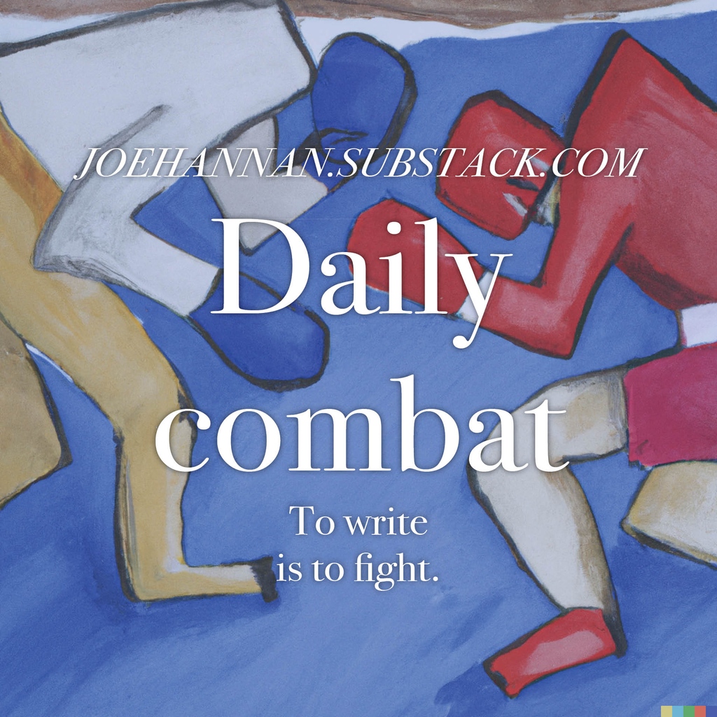 14 years into the game, I'm certain that the #writing life is almost never glamorous. And 8 years into the Jiu Jitsu game, I'd say that writing actually has more in common with fighting than anything else. The fear, nerves, and desperation are all there. joehannan.substack.com/p/daily-combat