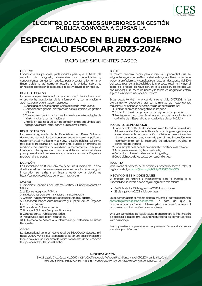📢📢Convocatoria para cursar la Especialidad en Buen Gobierno para el ciclo escolar 2023-2024📢📢

¡Aplica ya! #PosgradosCES #CES