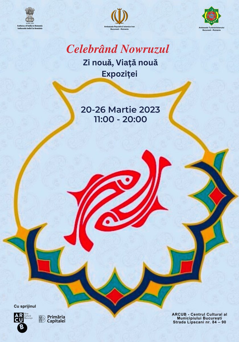 IRANinROMANIA's tweet photo. Celebrating Nowruz: “New Day, New Life” Exhibition will be held from 20 to 26 March 2023 in #ARCUB. The exhibition will be launched by Embassy of Iran in Bucharest and with support of #Primariacapitalei via ARCUB, and also participation of Embassies of India and Turkmenistan. https://t.co/lvfkeTDnUh