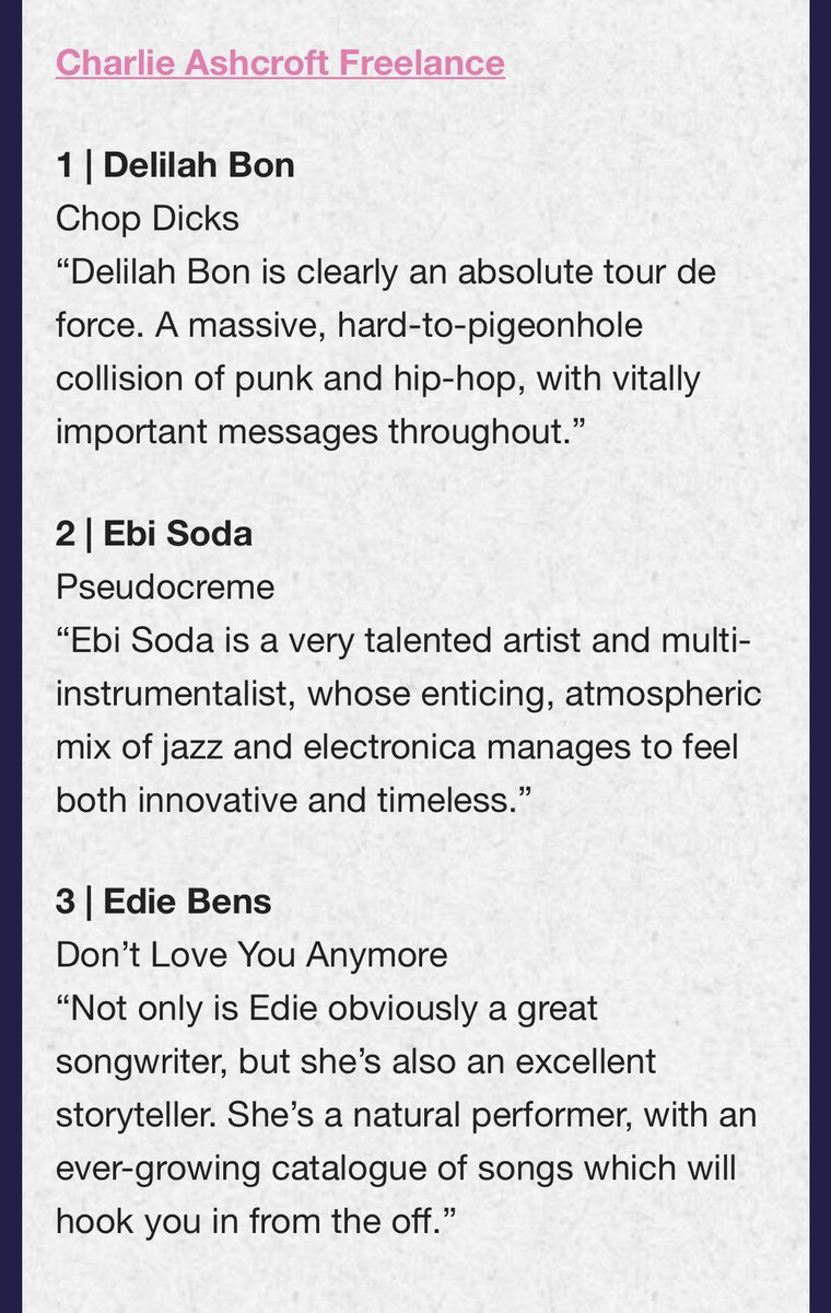Charlie Ashcroft (@charlieashcroft) on Twitter photo 👏🏼 Huge congrats to the 90 longlisted acts in the <a href="/glastonbury/">Glastonbury Festival</a> 2023 Emerging Talent Competition.
Shout out to my choices @DelilahBon_ <a href="/SodaEbi/">Ebi Soda</a> and <a href="/ediebens/">Edie Bens 🧚♂️✨</a>!
Full list here: glas.to/ETC23longlist #ETC2023 👏🏼 Huge congrats to the 90 longlisted acts in the <a href="/glastonbury/">Glastonbury Festival</a> 2023 Emerging Talent Competition.
Shout out to my choices @DelilahBon_ <a href="/SodaEbi/">Ebi Soda</a> and <a href="/ediebens/">Edie Bens 🧚♂️✨</a>!
Full list here: glas.to/ETC23longlist #ETC2023