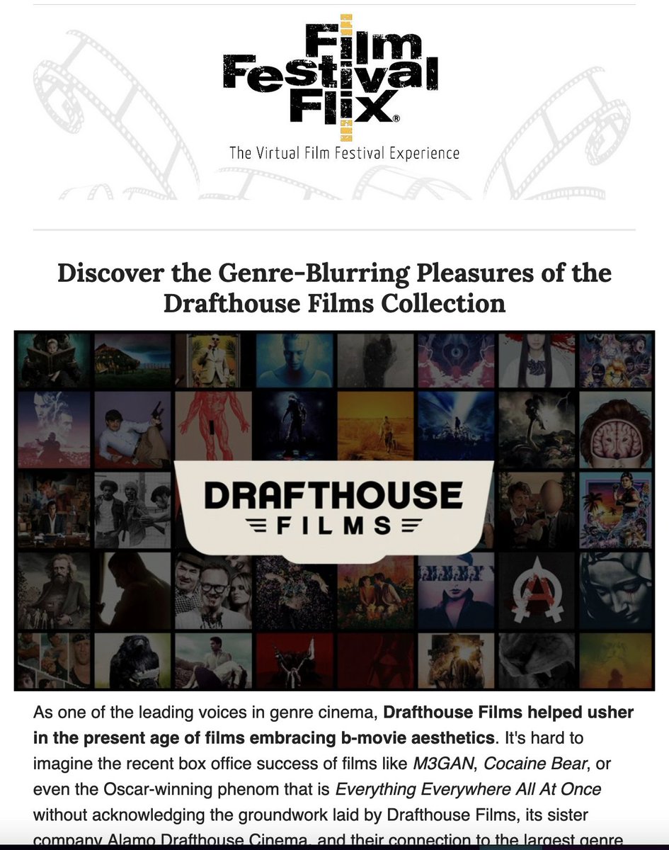 festivalflix's tweet photo. This week's newsletter celebrates the genre-blurring portfolio of one of our favorite distributors. Explore the @DrafthouseFilms on-demand collection with us on Film Festival Flix!

Read all about it here: https://t.co/RX840fVBX1 https://t.co/ASmZCuABHE