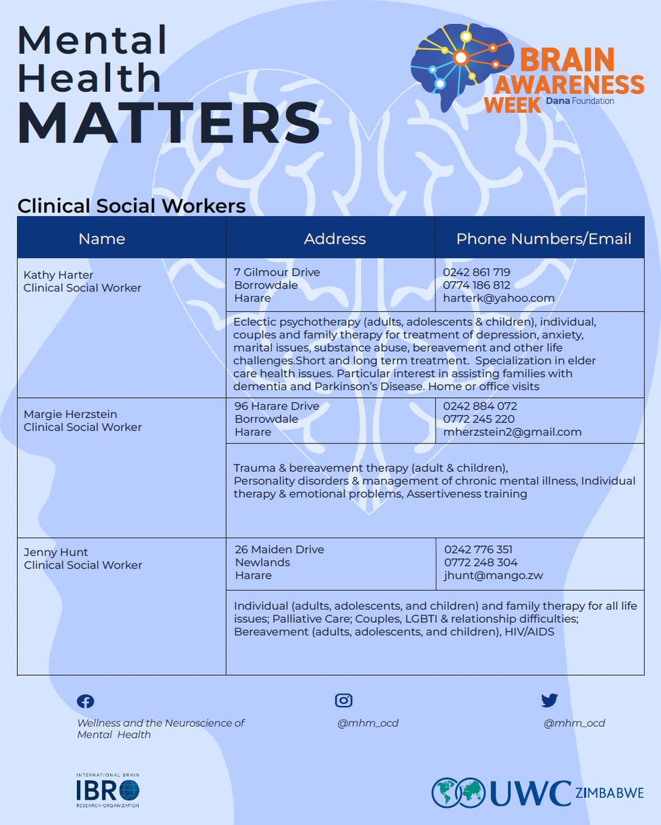 mhm_ocd's tweet photo. There is no health without mental health.
Please see a list of clinical social workers and their contacts, most of whom operate from Harare. https://t.co/j9S5MdJLG7