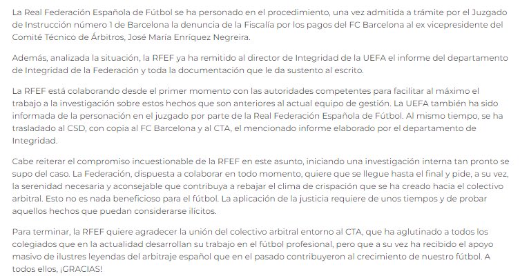 Offsider_ES's tweet photo. ‼️ 𝐔́𝐋𝐓𝐈𝐌𝐀 𝐇𝐎𝐑𝐀 | La RFEF se persona en el ‘caso Negreira’.

🗂 Además, el organismo rector del fútbol español ha remitido a la UEFA y al propio @FCBarcelona_es el informe del departamento de Integridad de la RFEF y toda la documentación pertinente. https://t.co/GpjwM0mQaz