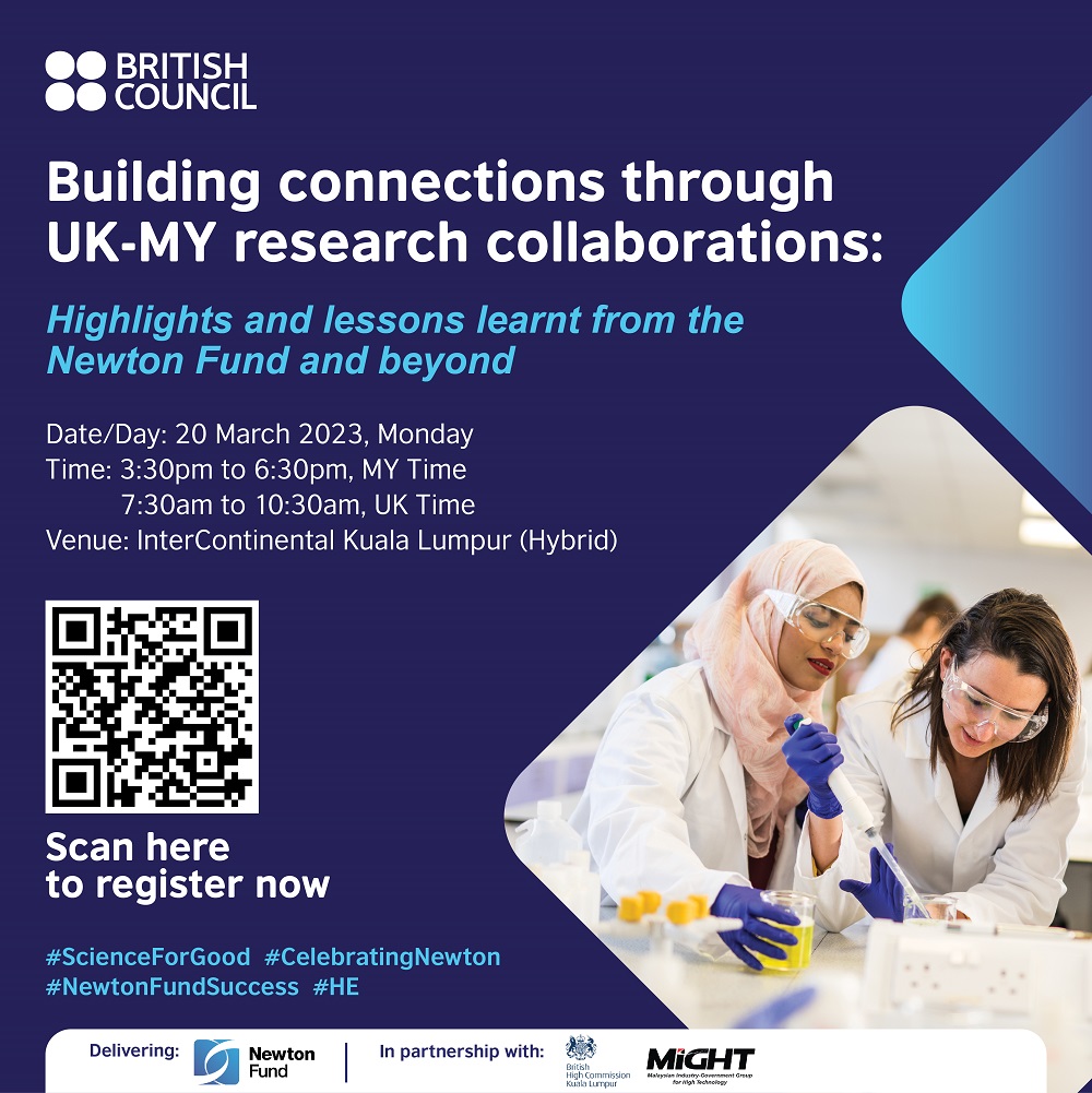 smc_my's tweet photo. Learn more about international research partnerships &amp; network with the science community at the Newton Fund Forum by @my_British &amp; MIGHT on 20 March.

There will be a discussion on UK, MY &amp; global science development trends &amp; opportunities too!

Register🔗https://t.co/KdKYFiB6x1 https://t.co/B8rM7ZgiI7