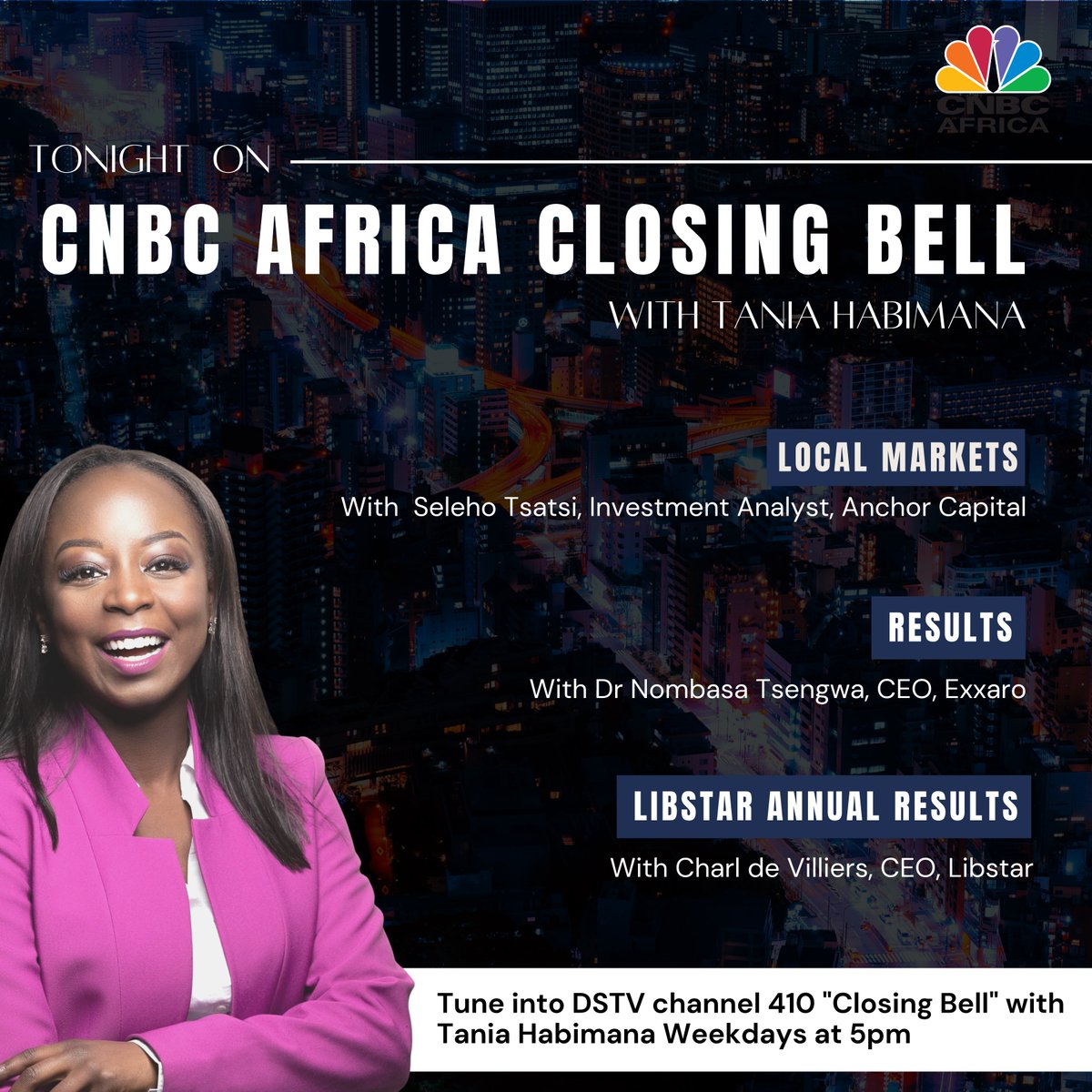 TaniaImani_'s tweet photo. COMING UP on @cnbcafrica #closingbell on DSTV channel 410
1. LOCAL MARKETS with #SelehoTsatsi Investment Analyst @AnchorCapitalZA
2. RESULTS with Dr #NombasaTsengwa CEO @ExxaroResources
3. LIBSTAR ANNUAL RESULTS with #CharlDeVilliers CEO #Libstar https://t.co/evOVcBgb8T