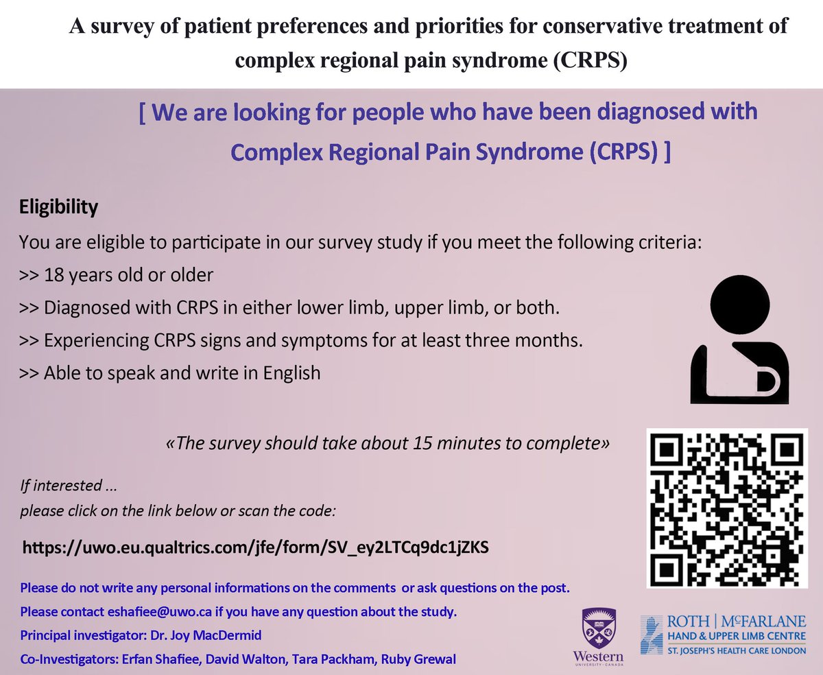 TaraLPackham's tweet photo. If you live with #CRPS please consider taking this survey. 
Results will help develop a decision tool for people to choose what treatments might be best for them.
International voices welcomed!
https://t.co/PKcCq3tFzR https://t.co/3pAlFMTPfC