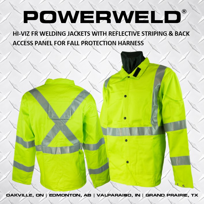 TechniweldCorp's tweet photo. If you're looking to stand out on the jobsite, we recommend wearing our new hi-viz FR cotton welding jackets. This new addition to our safety lineup features 9oz FR cotton with safety reflective striping and back access panels for fall protection harness. https://t.co/OrPgZcOi2k