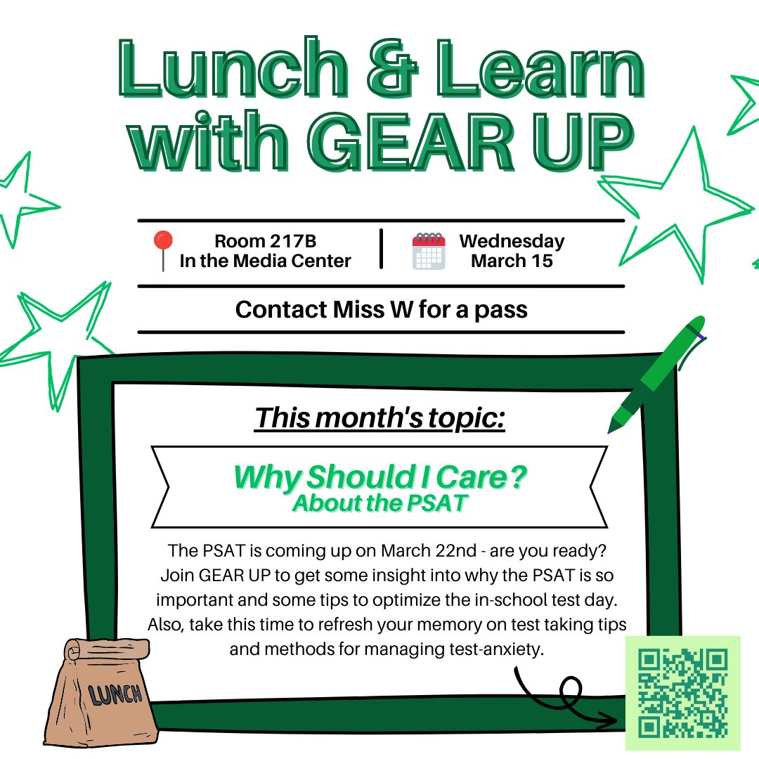 MissWestfallGU's tweet photo. With the PSAT approaching, I encouraged students to ask me: "Why Should I Care?" We discussed scholarships, testing strategies, goal setting, and test anxiety!! Thank you to @MissSGEARUP for joining in on the lunch &amp; learn fun! #psat #gearupworks https://t.co/WzkjrMFIoR