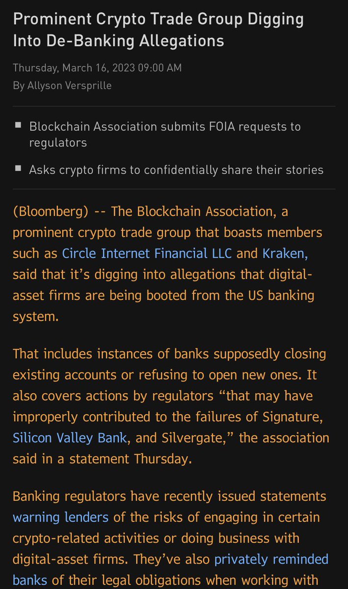 allyversprille's tweet photo. .@BlockchainAssn says it’s digging into allegations that crypto firms are being booted from the US banking system. Submits FOIAs to FDIC, Federal Reserve and OCC. New story on @TheTerminal now. https://t.co/AoHiSQjcvh