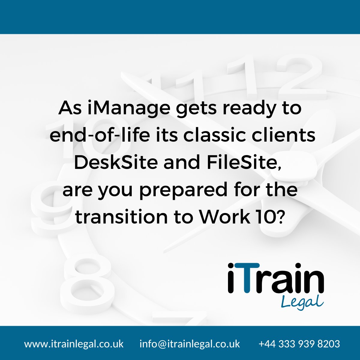 iManage has announced the retirement of its legacy products DeskSite, FileSite and Work Indexer. If you are looking to upgrade to iManage Work 10, let our team of IT training experts help with the transition. Email info@itrainlegal.co.uk to see how we can help.

#legaltechnology