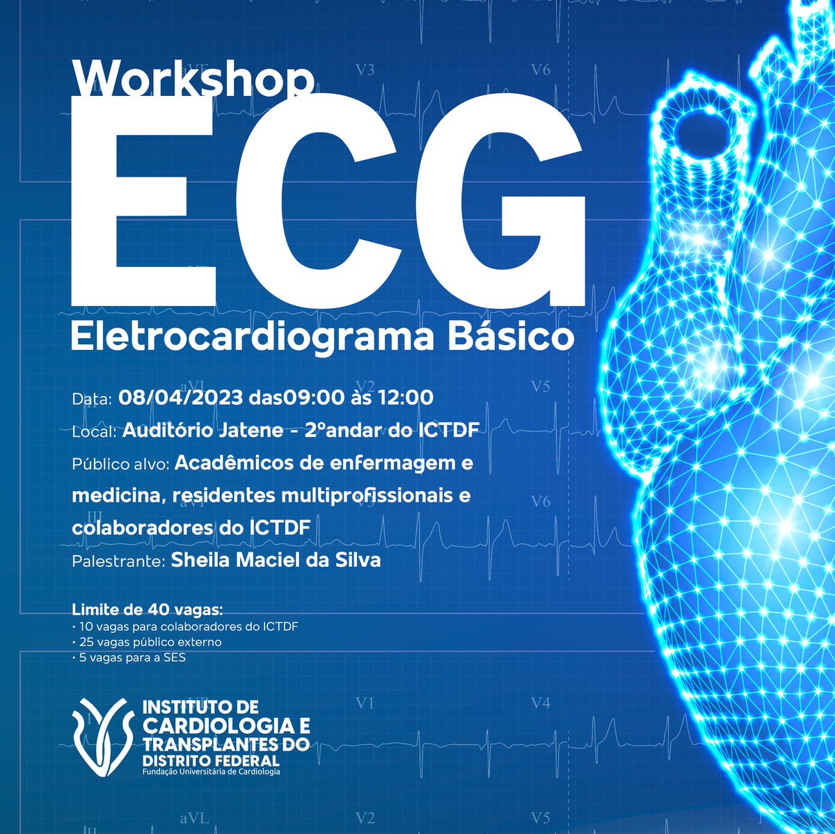 ICTDFFUC's tweet photo. 📢 ATENÇÃO ACADÊMICOS E RESIDENTES EM MEDICINA/ENFERMAGEM
➡ Quer participar de um Workshop de ECG aqui no ICTDF?
⬇ Inscreva-se no link abaixo e venha participar no dia 08 de Abril.
https://t.co/zKeyJR3RRR

*Inscrição mediante a pagamento.
#medicina #enfermagem https://t.co/BFetQtiH74