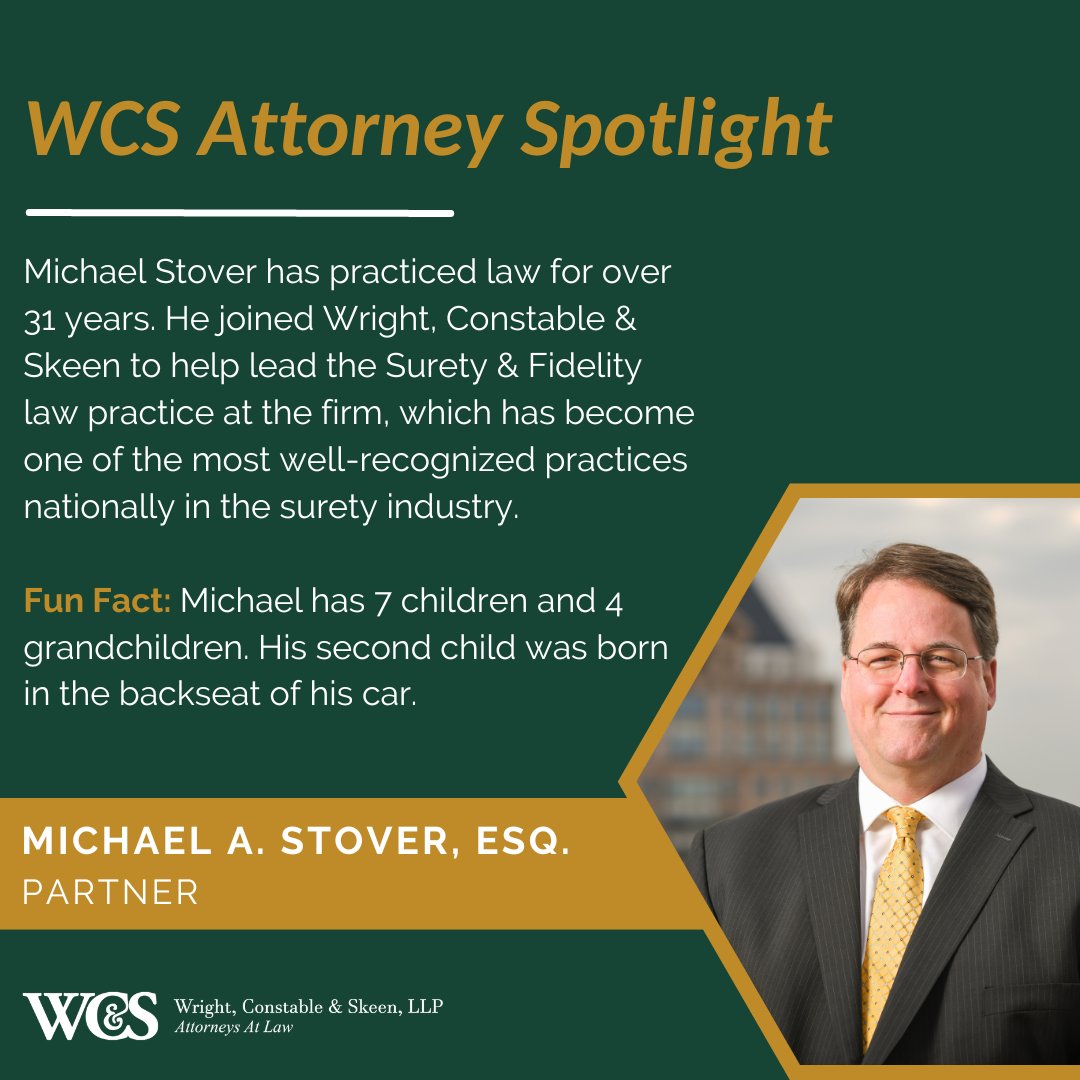 WCSlaw's tweet photo. This week’s WCS Featured Attorney Spotlight features Michael A. Stover, Esq. Mr. Stover helps lead the Surety & Fidelity law practice at the firm. Read Michael’s full Bio to learn more - https://t.co/Erc60K6vce. #attorneys #baltimorelawfirm #suretylaw #liability https://t.co/iapdsgaOz6
