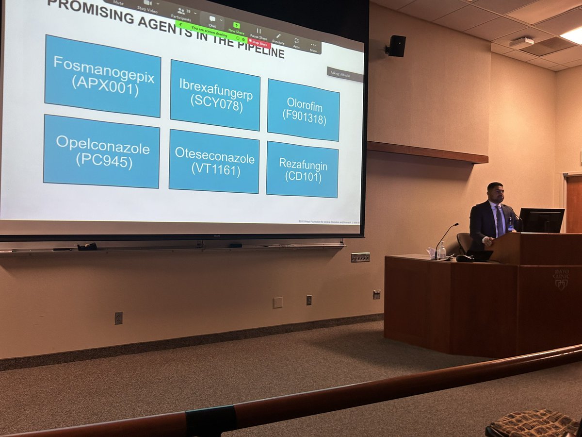 @JoshC517 giving his first presentation at @MayoClinicINFD case conference today discussing novel antifungals and their activity in fusarium with ID fellow Ebrahim Khan and clin micro fellow Josh Shirley! #MayoIDPharm