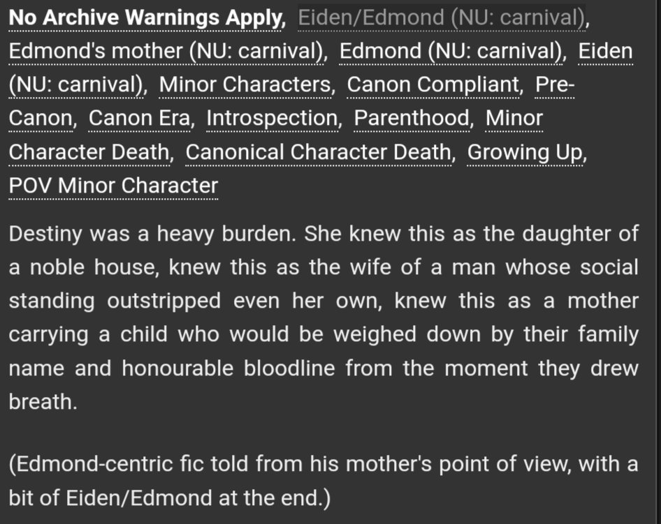 CeasefireFanfic's tweet photo. [The Lightest and Heaviest of Burdens]
Rated G 
Edmond-centric, Eiden/Edmond
One-shot
📖https://t.co/rfXnDGY441

Summary, warnings and tags in the image below.

#NUcarnival #fanfiction #EiEd https://t.co/IV1FzShy6w