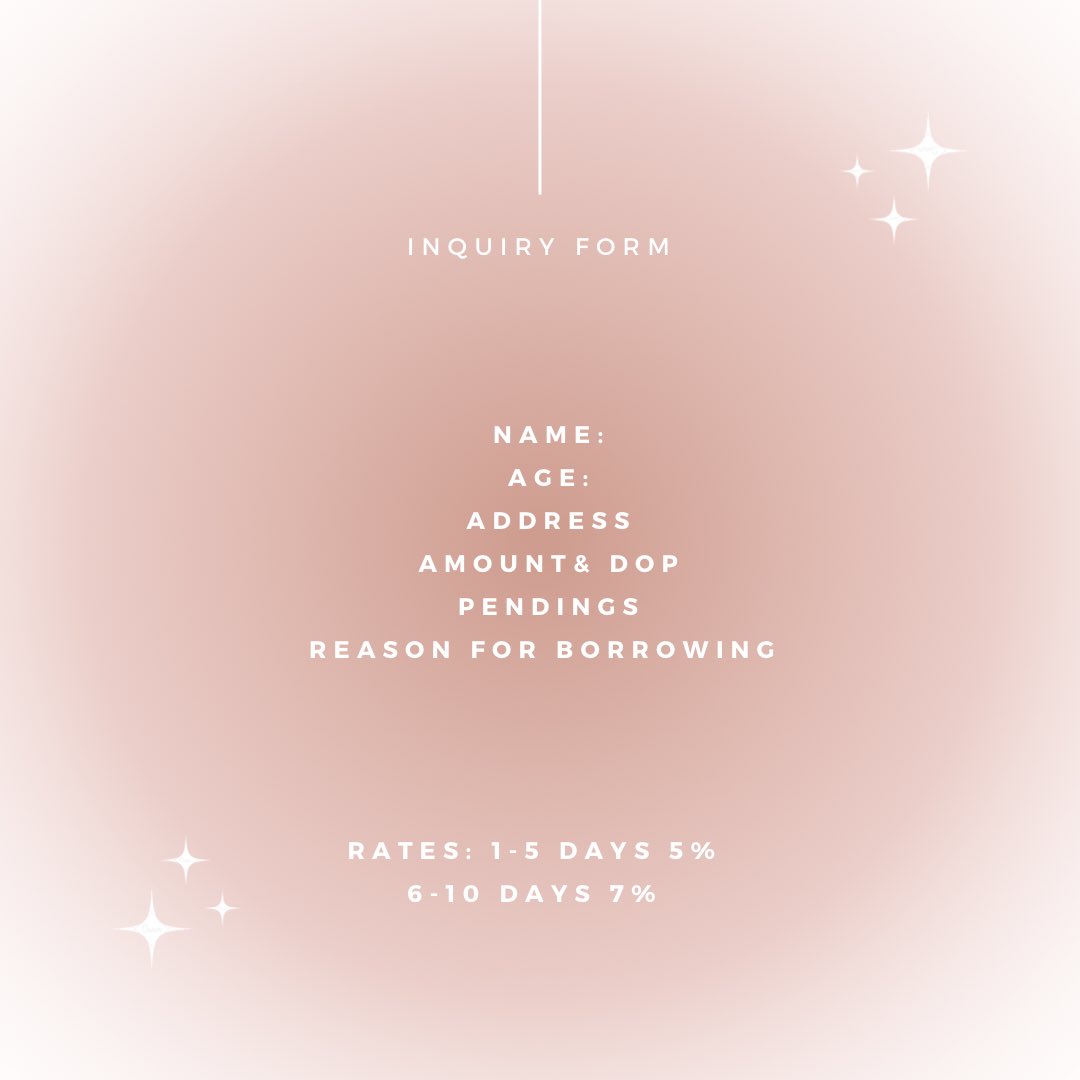 shcreatex's tweet image. PAUTANG SERVICE OPEN! 

200-500
1-2 days dop only

no reply - won’t transact
send dm form to avail! ☺️

#pautang lending service