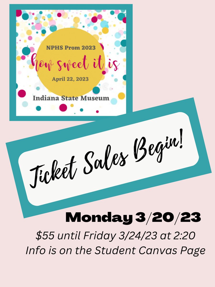 Prom Ticket Sales begin Monday!!! They are $5 off for a limited time. All information will be on the student canvas page. <a href="/VoelzJames/">New Palestine High School</a> <a href="/MooreNPJH/">NPHS Asst. Principal & Girls Varsity 🏀 Coach</a> @MitchanerNPHS <a href="/BurkNPHS/">Mitch Burk</a> <a href="/LaraCzap/">Lara Czap</a>