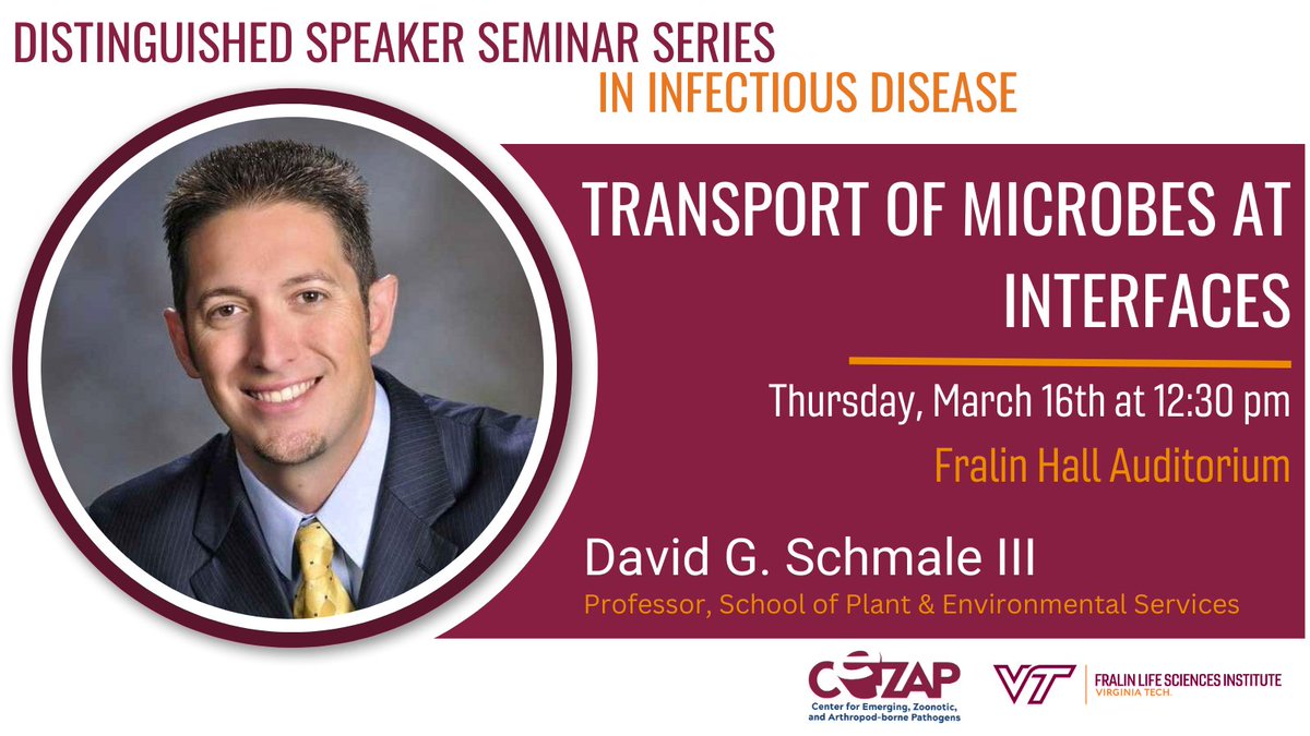 Virginia Tech CeZAP (@vtcezap) on Twitter photo Join us today at 12:30pm in Fralin Auditorium to hear <a href="/SchmaleLab/">David Schmale</a> present "Transport of microbes at interfaces" Join us today at 12:30pm in Fralin Auditorium to hear <a href="/SchmaleLab/">David Schmale</a> present "Transport of microbes at interfaces"