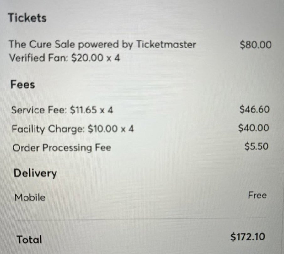 So @thecure and @RobertSmith wanted to keep ticket prices at a reasonable level for fans on their upcoming North American tour dates. Of course @Ticketmaster absolutely rinsed them with ridiculous extra charges wtf even is a service fee or a facility charge or processing fee??