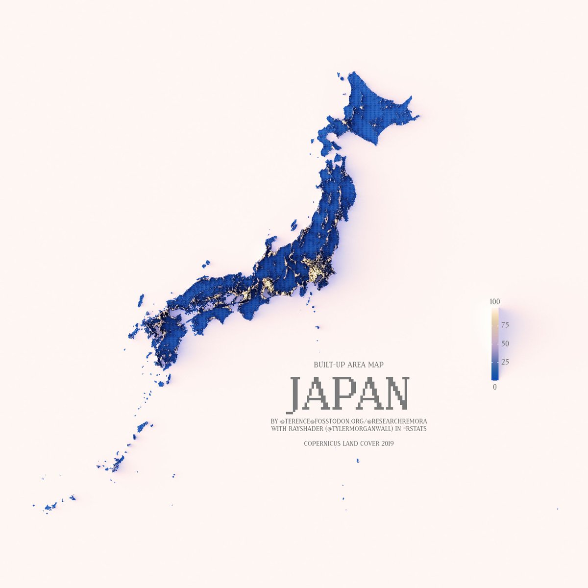 researchremora's tweet photo. A map showing the built-up areas of Japan using data from 2019.

#rayshader adventures, an #rstats tale https://t.co/yAKQLjpHtg