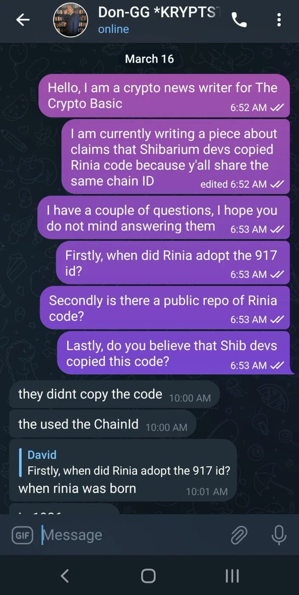 IIGODZILLAIIOFF's tweet photo. Here is the proof.

Conversation between Crypto Basic and the developer of #RINIA.

#Shibarium #SHIBARMY #SHIBARMYSTRONG #shib #ShibaArmy $SHIB https://t.co/rWbfKXAnzx