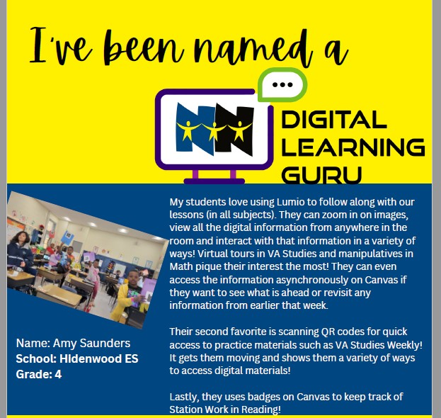 HidenwoodNews's tweet photo. Amy Saundrs, 4th grade teacher, Hidenwood Digital Guru #hidenwoodbeyouaimhigh #nnpsDLDay https://t.co/piK9ALbmzz