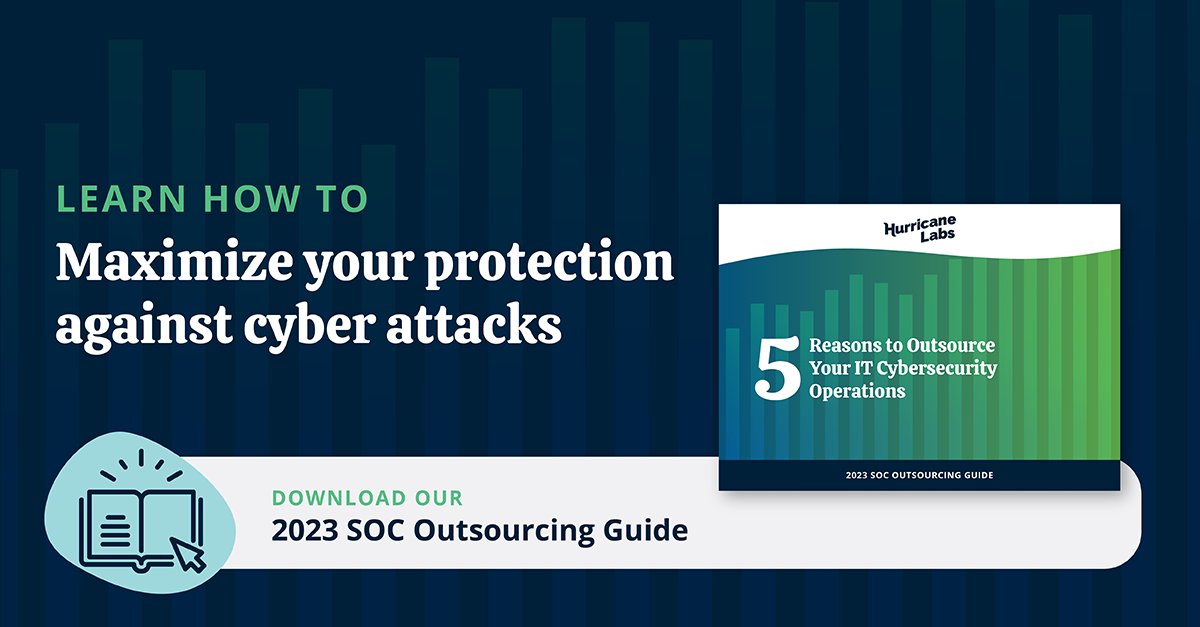 hurricanelabs's tweet photo. In the face of relentless cyber threats, organizations must take action before it's too late. Explore the top 5 reasons why outsourcing your #SOC is the best choice for many organizations in 2023 and how to do it: https://t.co/5oAylxnKKg #cybersecurity #SOCoutsourcing https://t.co/foRBzNx0iE