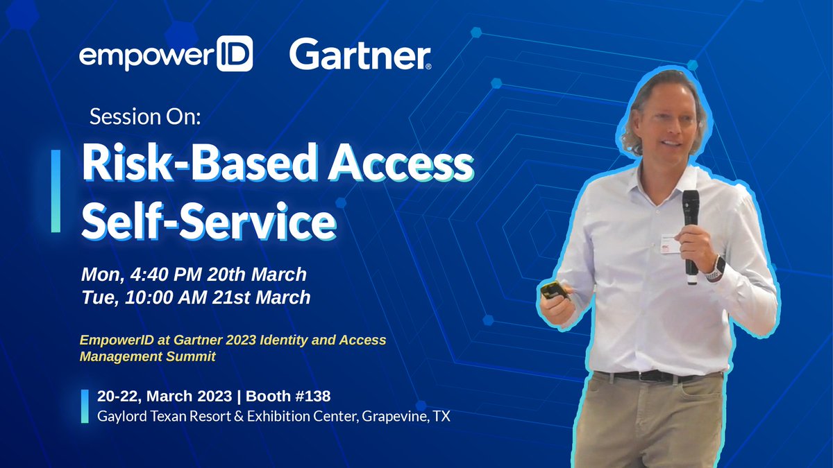 We are less than one week away from #GartnerIAM Summit! Catch us at Booth #138 and don't miss our Speaker Sessions on "Risk-Based Access Self-Service" by EmpowerID Founder &amp; CEO Patrick Parker on Mon, March 20th from 04:40 PM onwards and Tue, March 21st from 10:00 AM onwards.