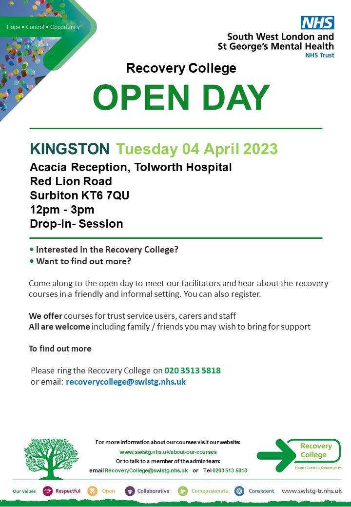 RecoverySWLSTG's tweet photo. @RecoverySWLSTG @SWLSTG Spring Open Day takes place on 4th April at Tolworth Hospital, Kingston. If you're interested in knowing what the college could do to help support your recovery why not come along for an informal chat with one of our team.
https://t.co/t5Wvz95Upk https://t.co/danyuqWw3w
