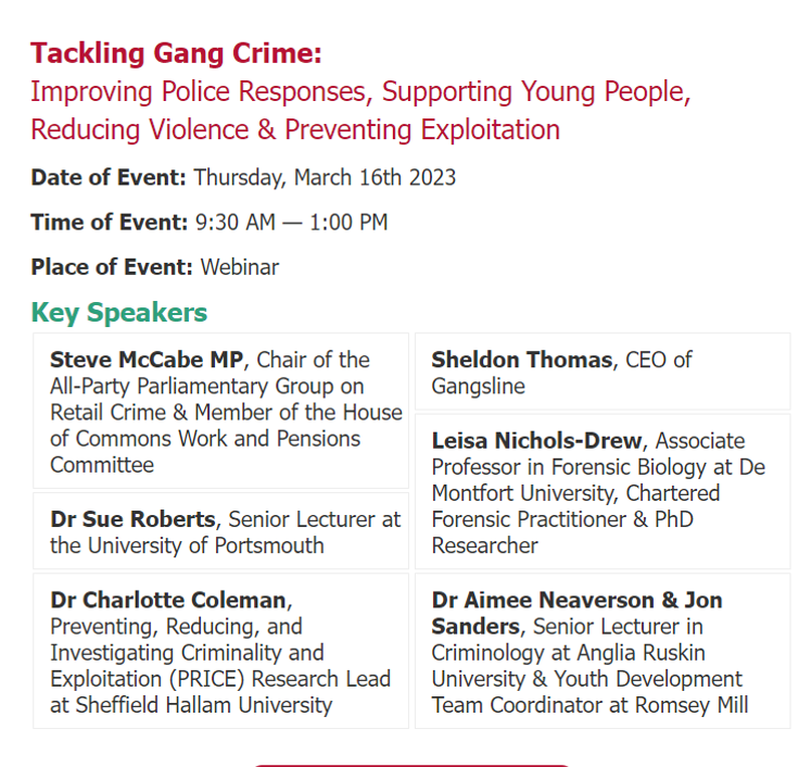I'm pleased to have been asked to be a speaker at the <a href="/PublicPolicyEx/">PublicPolicyExchange</a> Webinar today: 'Tackling Gang Crime'. 

It's important that we engage with young people, schools and parents to raise awareness of the realities of County Line Gangs and label this as a Public Health Crisis.