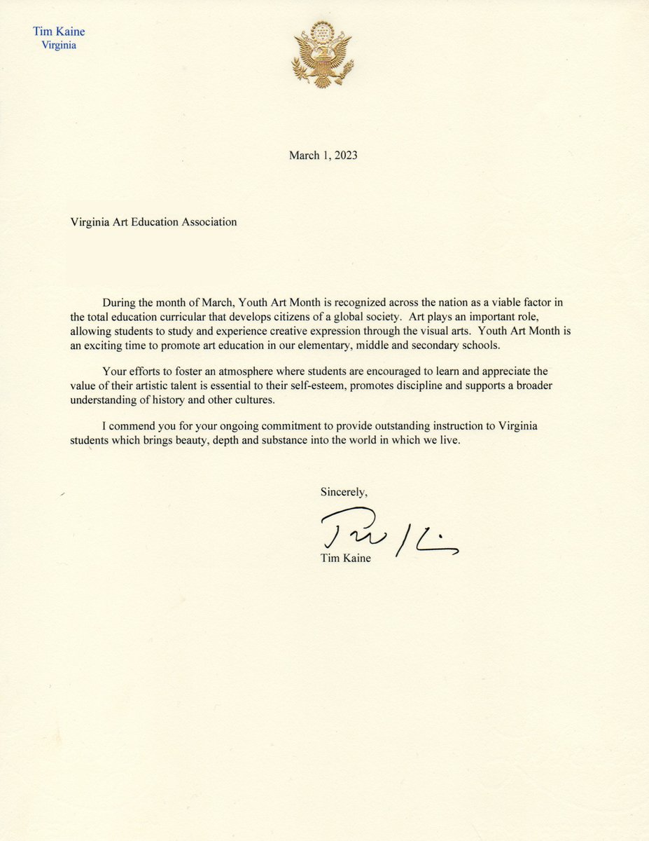hhsstudio175's tweet photo. Your efforts to foster an atmosphere where students are encouraged to learn and appreciate the value of their artistic talent is essential to their self-esteem, promotes discipline and supports a broader understanding of history and other cultures.
Thanks @timkaine 
#vaartedyam23 https://t.co/EhgoSDMTG3