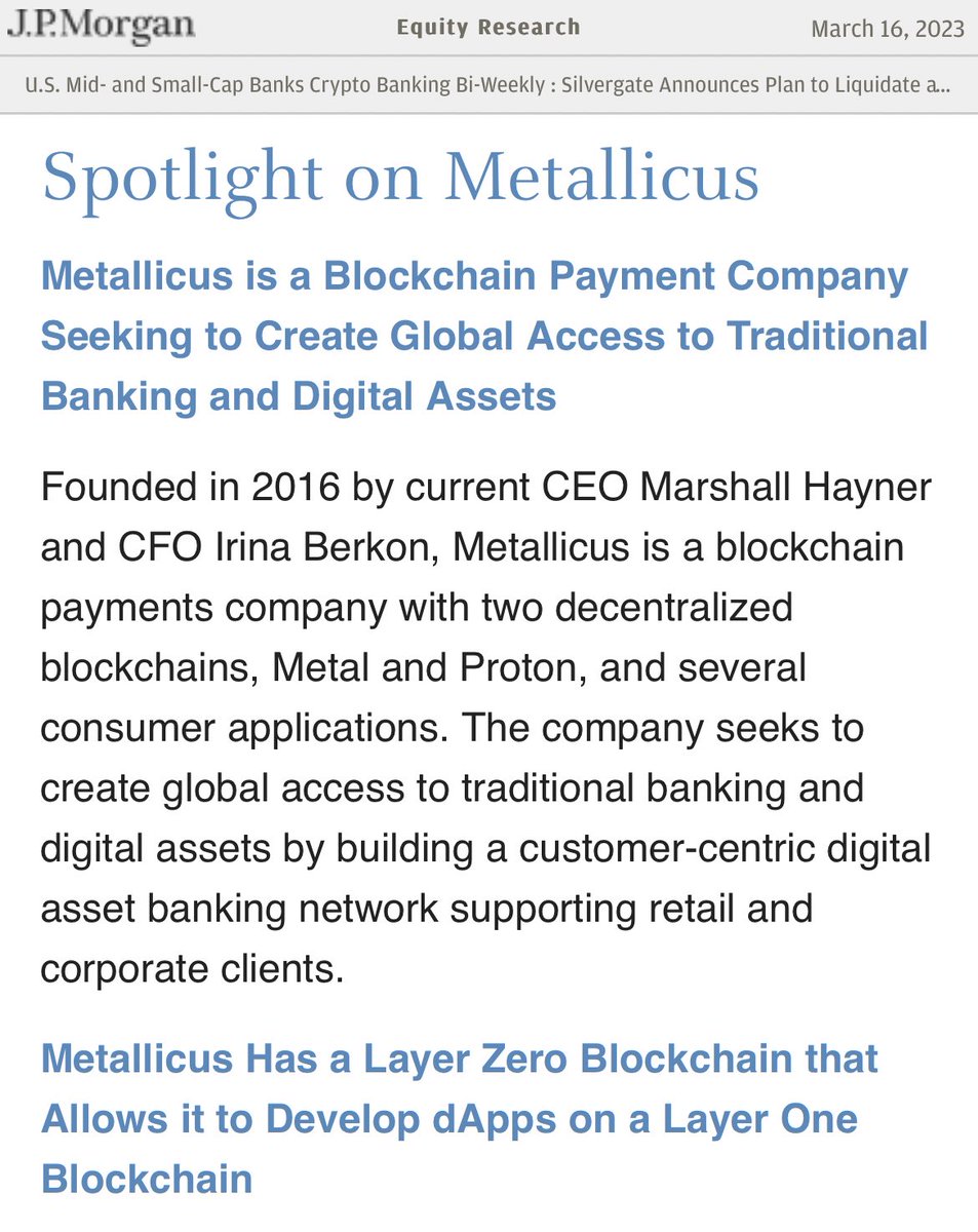Metallicus (@metallicustdbn) on Twitter photo We always appreciate an inclusion in the U.S. Mid- and Small-Cap Banks Crypto Banking Bi-Weekly by <a href="/jpmorgan/">J.P. Morgan</a>
🔎 ‘Seeking to Create Global Access to Traditional Banking and Digital Assets’
Thank you 🙏🏽
<a href="/MetalBlockchain/">Metal Blockchain</a>
📰 markets.jpmorgan.com/research/email… We always appreciate an inclusion in the U.S. Mid- and Small-Cap Banks Crypto Banking Bi-Weekly by <a href="/jpmorgan/">J.P. Morgan</a>
🔎 ‘Seeking to Create Global Access to Traditional Banking and Digital Assets’
Thank you 🙏🏽
<a href="/MetalBlockchain/">Metal Blockchain</a>
📰 markets.jpmorgan.com/research/email…