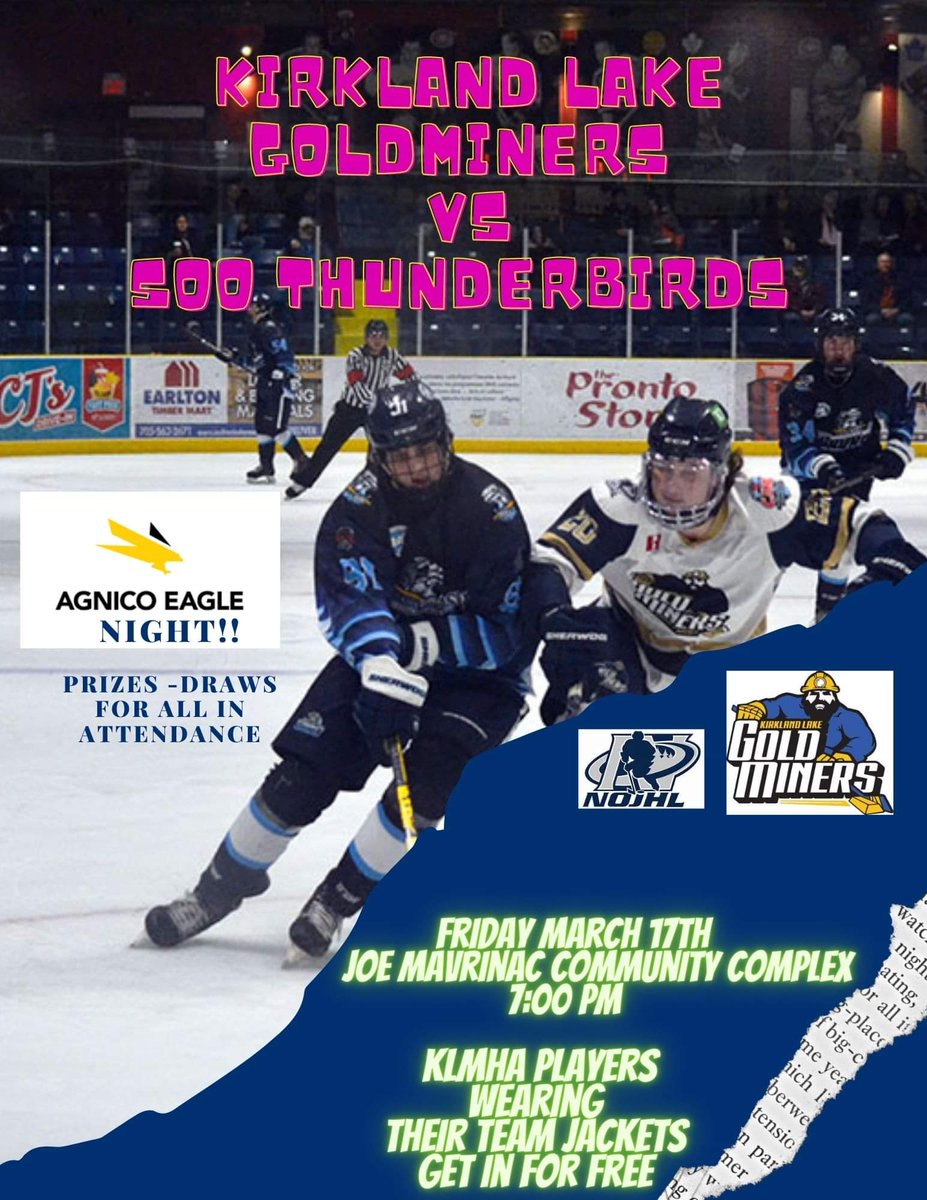 We need your support , last regular season home game , Agnico Eagle night , door prizes - draws - Kids wearing their KLMHA Jackets get in FREE !! .  We will be celebrating our Graduating players , announcing the Earlton RV Fan Favourite Player of the Year .