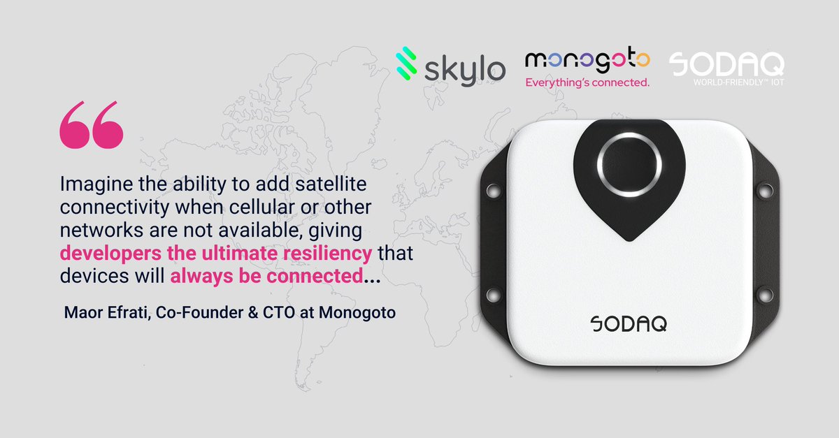 #SODAQ has partnered with @monogoto_IoT and <a href="/SkyloTech/">Skylo</a> to add NB-IoT satellite #connectivity to tracking products. Using the same hardware for both terrestrial and satellite communication, without cost for redesign, is a huge breakthrough. Learn more at hubs.ly/Q01H9d3b0