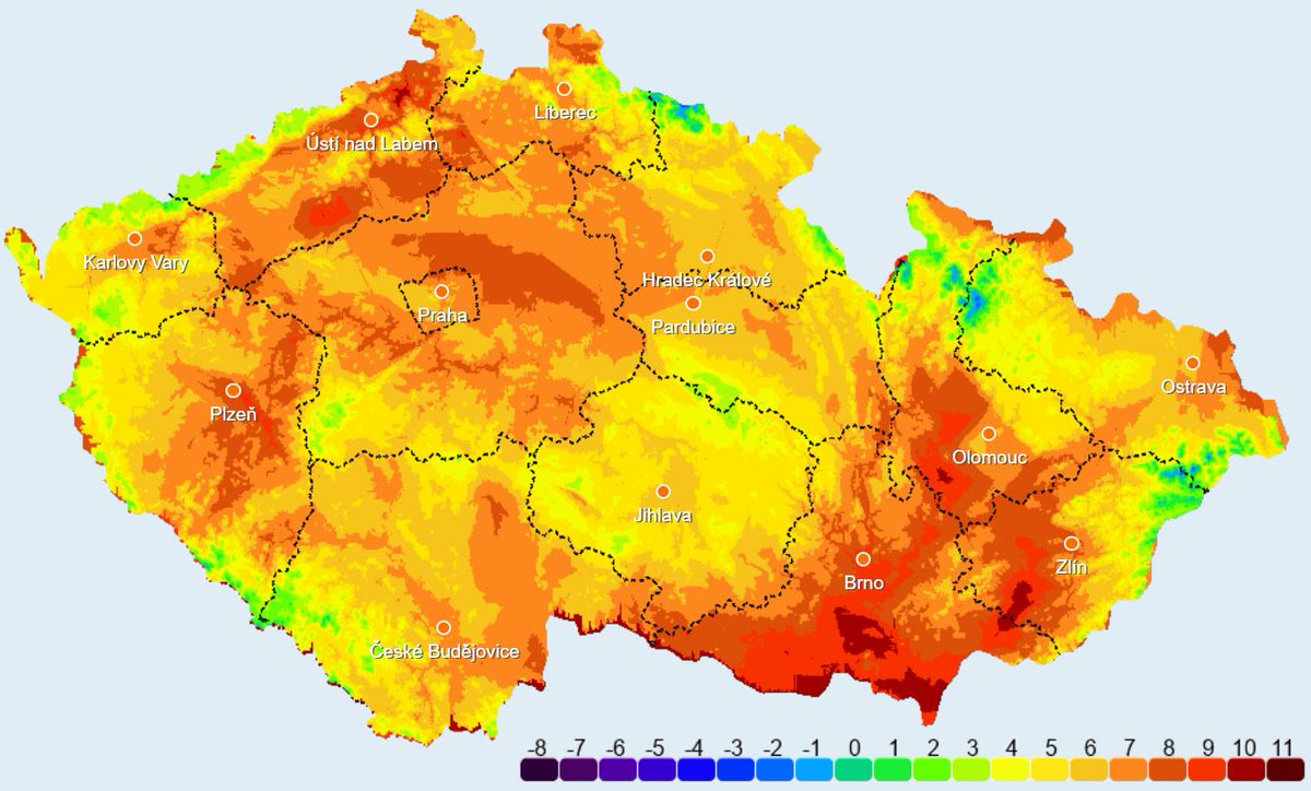 Teplotní mapa republiky ve 14.30 hod, nejnižší teplota -2 st, nejvyšší +10 st #počasí