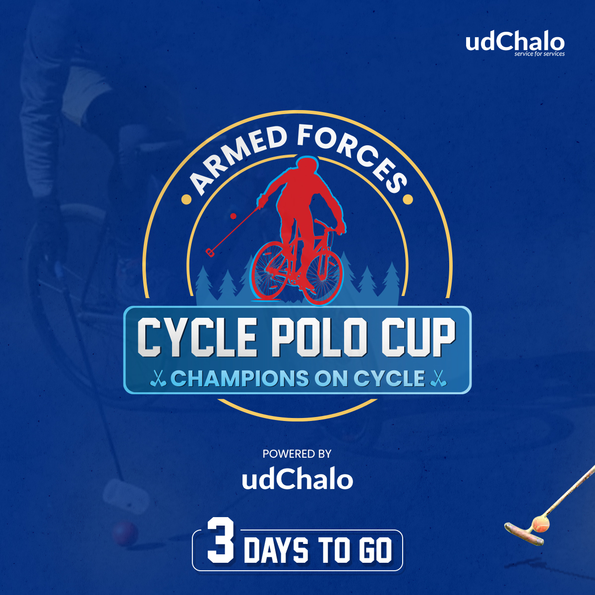 udChalo's tweet photo. The First Armed Forces Cycle Polo Cup - "Champions On Cycle" is Here! We hope you all are super EXCITED! Only 3 Days Left! Stay Tuned For More Updates!
@bharat_pannu @indiannav @indianairforce
#CyclePolo #udChalo #serviceforservices
#defencepersonnel https://t.co/XdzvyboOMs