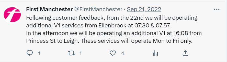 beccahh27's tweet photo. @lucirebecca @FirstManchester There are two additional services that go from the Ellenbrook stop (opp The Woodside) at 7.30 and 7.57, I often get the 7.30 one. https://t.co/kVEyPBLrrX