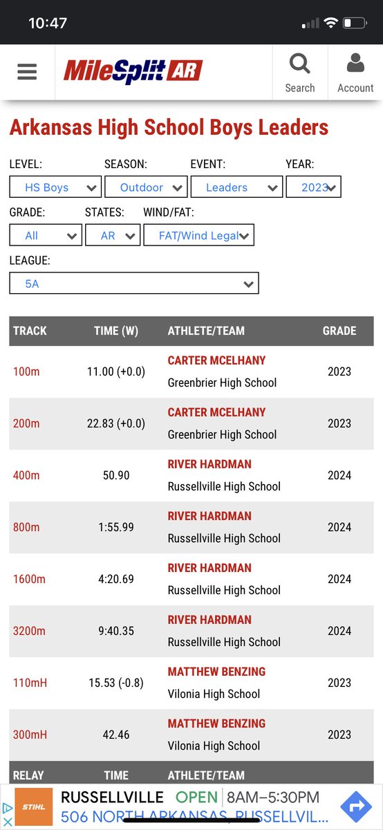 river_hardman_'s tweet photo. Bryant relays 3/14/23
400- 50.90 
3200- 9:40.35
First time running both events and now throws me up onto the 5a leader boards! #trackandfield #Arkansas #distance #track #run #outdoor #Ws https://t.co/mMxYjC3Odg