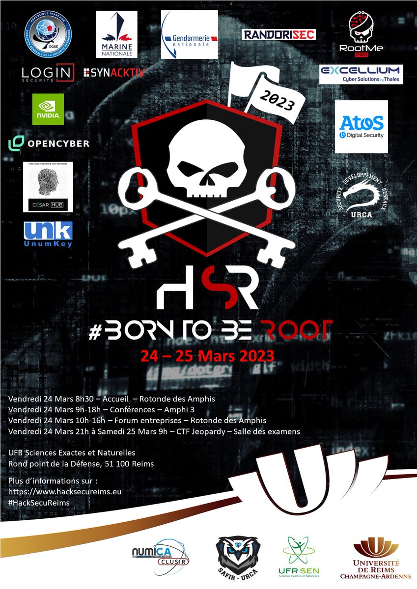 fnolot's tweet image. Ne loupez pas le #HackSecuReims  les 24 et 25 Mars 2023 à @universitereims @SCIENCES_URCA @VilledeReims Nous serons ravis d'échanger avec vous hacksecureims.eu