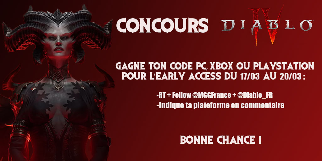 MGG_France's tweet photo. 🔴CONCOURS DIABLO IV🔴

On fait gagner des codes pour la bêta fermée de #DiabloIV ce weekend !

-RT + follow @MGG_France &amp; @Diablo_FR
-Indique ta plateforme en commentaire

À gagner :
-x2 codes PC
-x2 codes Xbox One / Series S ou X
-x2 codes PS4 / PS5

Tirage dans 24h https://t.co/y5kFwj3zlB